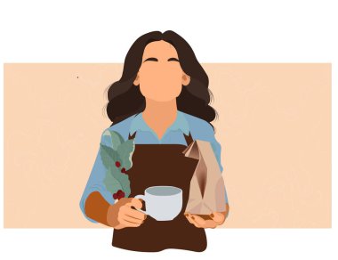 Kahve işi, kadın barmen kahve yapıyor ve kafe 'de bir fincan sıcak kahve servis ediyor. İnce çizgi şeklinde çizilmiş el, vektör çizimleri. Vektör illüstrasyonu