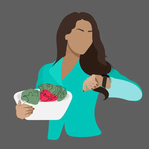 Woman Wavy Kitchen Large Salad Bowl Cutlery Mixes Salad Healthy — Stock Vector