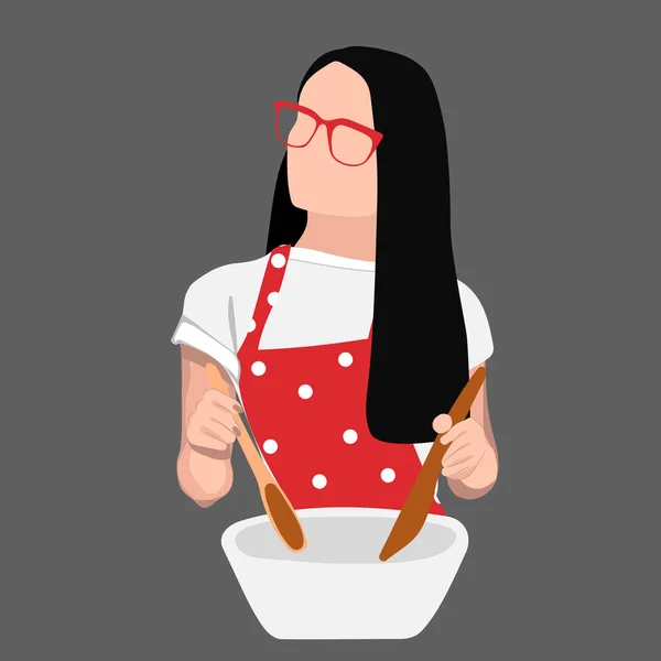 Mujer Con Ondulado Cocina Con Una Ensaladera Grande Cubiertos Mezcla — Archivo Imágenes Vectoriales
