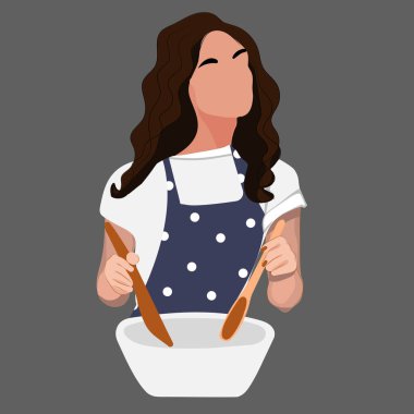 Mutfakta büyük bir salata kasesi ve çatal bıçaklı kadın salatayı karıştırıyor. Sağlıklı beslenme. En az seviyede sağlıklı kahvaltı. Vektör illüstrasyonu