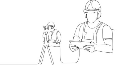 Kafasında miğfer olan genç beyaz işçiyi depoda dururken iş için tablet kullanırken yaklaş. Tripod ikonu olan bir araştırmacı. Jeodezik üçayak. Vektör illüstrasyonu