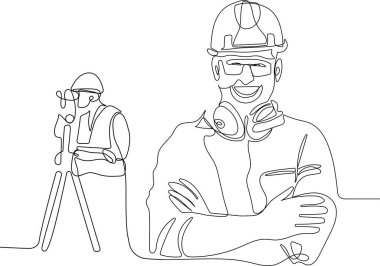 Kafasında miğfer olan genç beyaz işçiyi depoda dururken iş için tablet kullanırken yaklaş. Tripod ikonu olan bir araştırmacı. Jeodezik üçayak. Vektör illüstrasyonu