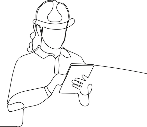Detailní Záběr Mladého Bělošského Pracovníka Helmou Hlavě Který Používá Tablet — Stockový vektor