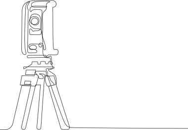 Tripod ikonu olan bir araştırmacı. Jeodezik üçayak. Doğrusal çizim. Vektör illüstrasyonu