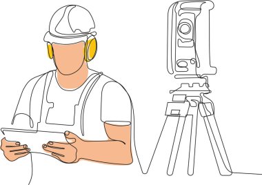 Kafasında miğfer olan genç beyaz işçiyi depoda dururken iş için tablet kullanırken yaklaş. Tripod ikonu olan bir araştırmacı. Jeodezik üçayak. Vektör illüstrasyonu