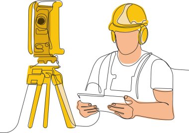 Kafasında miğfer olan genç beyaz işçiyi depoda dururken iş için tablet kullanırken yaklaş. Tripod ikonu olan bir araştırmacı. Jeodezik üçayak. Vektör illüstrasyonu