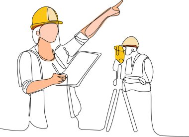 Kafasında miğfer olan genç beyaz işçiyi depoda dururken iş için tablet kullanırken yaklaş. Tripod ikonu olan bir araştırmacı. Jeodezik üçayak. Vektör illüstrasyonu