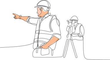 Kafasında miğfer olan genç beyaz işçiyi depoda dururken iş için tablet kullanırken yaklaş. Tripod ikonu olan bir araştırmacı. Jeodezik üçayak. Vektör illüstrasyonu