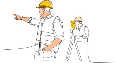 Kafasında miğfer olan genç beyaz işçiyi depoda dururken iş için tablet kullanırken yaklaş. Tripod ikonu olan bir araştırmacı. Jeodezik üçayak. Vektör illüstrasyonu