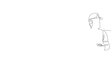 Surveyor 'un kafasında üç ayaklı bir miğfer olan tek çizgi çizimi devam ediyor. Yüksek kalite FullHD 4K görüntü