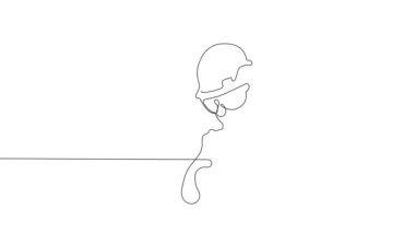 Surveyor 'un kafasında üç ayaklı bir miğfer olan tek çizgi çizimi devam ediyor. Yüksek kalite FullHD 4K görüntü