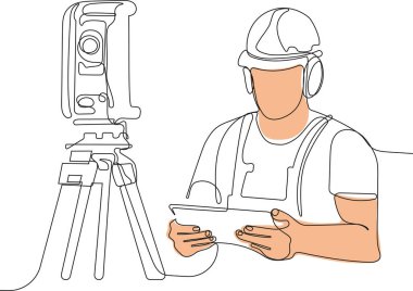 Kafasında miğfer olan genç beyaz işçiyi depoda dururken iş için tablet kullanırken yaklaş. Tripod ikonu olan bir araştırmacı. Jeodezik üçayak. Vektör illüstrasyonu
