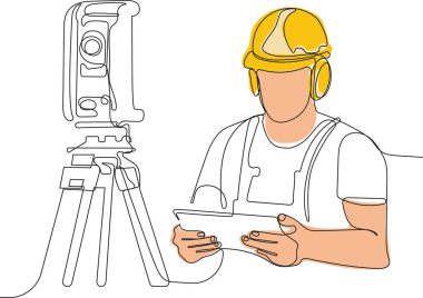 Kafasında miğfer olan genç beyaz işçiyi depoda dururken iş için tablet kullanırken yaklaş. Tripod ikonu olan bir araştırmacı. Jeodezik üçayak. Vektör illüstrasyonu