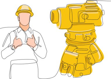 Kafasında miğfer olan genç beyaz işçiyi depoda dururken iş için tablet kullanırken yaklaş. Tripod ikonu olan bir araştırmacı. Jeodezik üçayak. Vektör illüstrasyonu