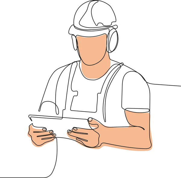 Close Young Caucasian Worker Helmet Head Using Tablet Work While — Stock Vector