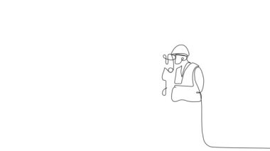 Surveyor 'un kafasında üç ayaklı bir miğfer olan tek çizgi çizimi devam ediyor. Yüksek kalite FullHD 4K görüntü