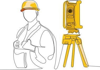 Kafasında miğfer olan genç beyaz işçiyi depoda dururken iş için tablet kullanırken yaklaş. Tripod ikonu olan bir araştırmacı. Jeodezik üçayak. Vektör illüstrasyonu