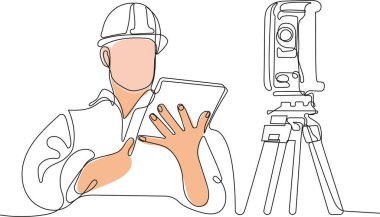Kafasında miğfer olan genç beyaz işçiyi depoda dururken iş için tablet kullanırken yaklaş. Tripod ikonu olan bir araştırmacı. Jeodezik üçayak. Vektör illüstrasyonu