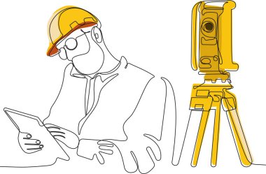 Kafasında miğfer olan genç beyaz işçiyi depoda dururken iş için tablet kullanırken yaklaş. Tripod ikonu olan bir araştırmacı. Jeodezik üçayak. Vektör illüstrasyonu