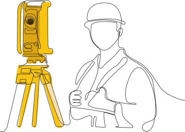 Kafasında miğfer olan genç beyaz işçiyi depoda dururken iş için tablet kullanırken yaklaş. Tripod ikonu olan bir araştırmacı. Jeodezik üçayak. Vektör illüstrasyonu