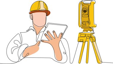 Kafasında miğfer olan genç beyaz işçiyi depoda dururken iş için tablet kullanırken yaklaş. Tripod ikonu olan bir araştırmacı. Jeodezik üçayak. Vektör illüstrasyonu