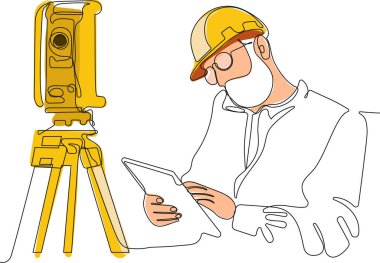 Kafasında miğfer olan genç beyaz işçiyi depoda dururken iş için tablet kullanırken yaklaş. Tripod ikonu olan bir araştırmacı. Jeodezik üçayak. Vektör illüstrasyonu