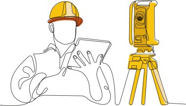Kafasında miğfer olan genç beyaz işçiyi depoda dururken iş için tablet kullanırken yaklaş. Tripod ikonu olan bir araştırmacı. Jeodezik üçayak. Vektör illüstrasyonu