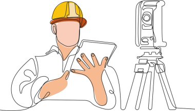 Kafasında miğfer olan genç beyaz işçiyi depoda dururken iş için tablet kullanırken yaklaş. Tripod ikonu olan bir araştırmacı. Jeodezik üçayak. Vektör illüstrasyonu