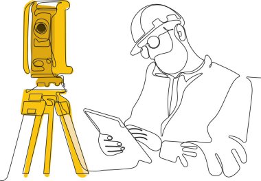 Kafasında miğfer olan genç beyaz işçiyi depoda dururken iş için tablet kullanırken yaklaş. Tripod ikonu olan bir araştırmacı. Jeodezik üçayak. Vektör illüstrasyonu