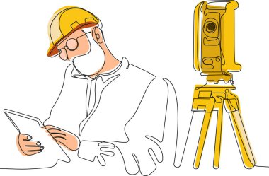 Kafasında miğfer olan genç beyaz işçiyi depoda dururken iş için tablet kullanırken yaklaş. Tripod ikonu olan bir araştırmacı. Jeodezik üçayak. Vektör illüstrasyonu