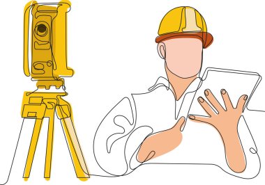 Kafasında miğfer olan genç beyaz işçiyi depoda dururken iş için tablet kullanırken yaklaş. Tripod ikonu olan bir araştırmacı. Jeodezik üçayak. Vektör illüstrasyonu