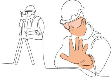 Kafasında miğfer olan genç beyaz işçiyi depoda dururken iş için tablet kullanırken yaklaş. Tripod ikonu olan bir araştırmacı. Jeodezik üçayak. Vektör illüstrasyonu