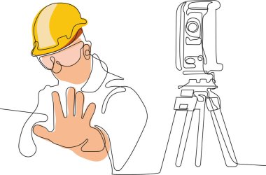 Kafasında miğfer olan genç beyaz işçiyi depoda dururken iş için tablet kullanırken yaklaş. Tripod ikonu olan bir araştırmacı. Jeodezik üçayak. Vektör illüstrasyonu