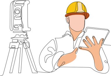 Kafasında miğfer olan genç beyaz işçiyi depoda dururken iş için tablet kullanırken yaklaş. Tripod ikonu olan bir araştırmacı. Jeodezik üçayak. Vektör illüstrasyonu