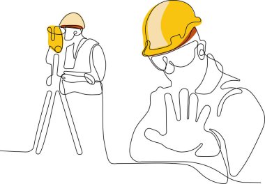 Kafasında miğfer olan genç beyaz işçiyi depoda dururken iş için tablet kullanırken yaklaş. Tripod ikonu olan bir araştırmacı. Jeodezik üçayak. Vektör illüstrasyonu