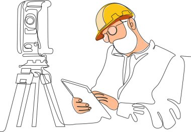 Kafasında miğfer olan genç beyaz işçiyi depoda dururken iş için tablet kullanırken yaklaş. Tripod ikonu olan bir araştırmacı. Jeodezik üçayak. Vektör illüstrasyonu