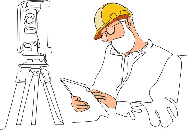 Kafasında miğfer olan genç beyaz işçiyi depoda dururken iş için tablet kullanırken yaklaş. Tripod ikonu olan bir araştırmacı. Jeodezik üçayak. Vektör illüstrasyonu