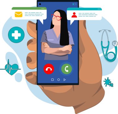 Doktor telefonda. Online doktor muayenesi için doktor çağırın. Laboratuvar, doktor vektör illüstrasyonuyla çevrimiçi görüntüleme videoları veya görüntülü sohbet analiz eder