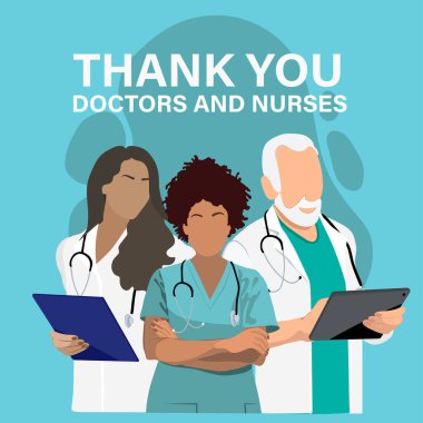 Tıbbi personel ekibi, cerrahi maske takan doktor ve hemşirelerin karakteri ve hastalıklarla savaşmak için birlikte duran erkek ve kadın tıbbi karakterler çizgi film düz vektör çizimi oluşturdular..
