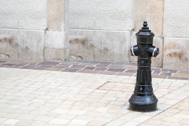 Yangın musluğu taş duvarın yanında duruyor. Yüksek kalite fotoğraf