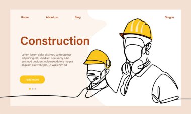 Mimarinin taşıyıcı iniş sayfası makine endüstriyel fabrikasında güvenlik için koruyucu yüz maskeleriyle çalışıyor. Minimum dizaynınız için sürekli bir çizgi çizimi