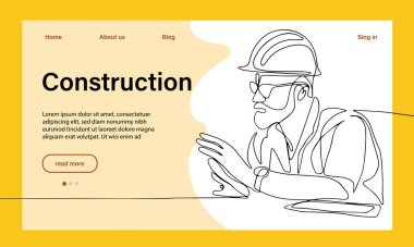 Mimarinin taşıyıcı iniş sayfası makine endüstriyel fabrikasında güvenlik için koruyucu yüz maskeleriyle çalışıyor. Minimum dizaynınız için sürekli bir çizgi çizimi