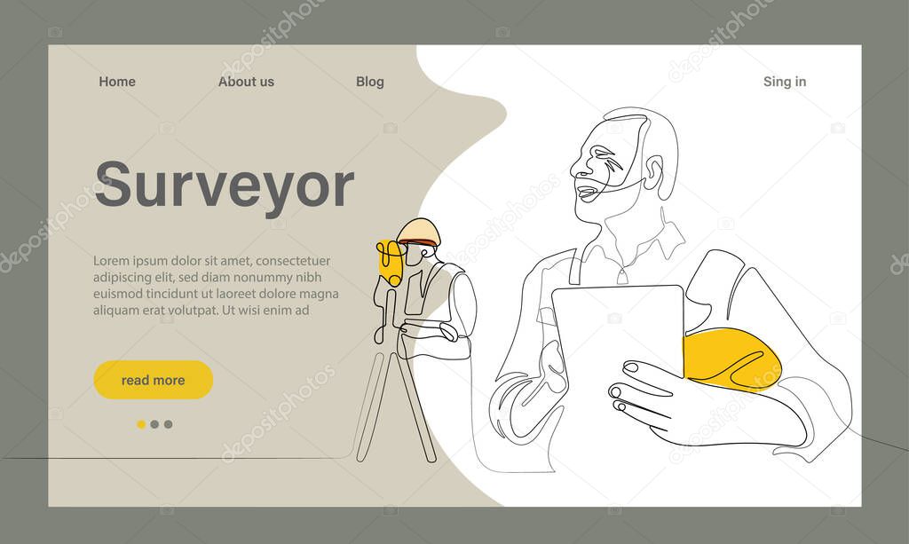 Surveyor web banner or landing page. Land surveying technology, geodesy science. Construction business, mapmaking and real estate project. Flat vector illustration. Vector illustration