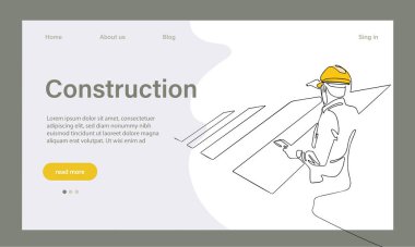 Vector landing page of architecture works with protective face masks for safety in machine industrial factory. Continuous one line drawing for your minimal design