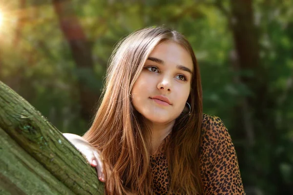 Emotional Girl Teenager Long Hair Hairstyle Braids Green Shirt Sits — Stok fotoğraf