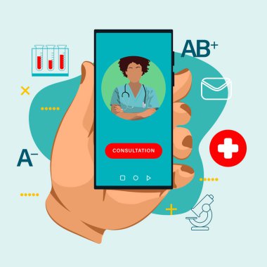 Doktor telefonda. Online doktor muayenesi için doktor çağırın. Laboratuvar, doktor vektör illüstrasyonuyla çevrimiçi görüntüleme videoları veya görüntülü sohbet analiz eder