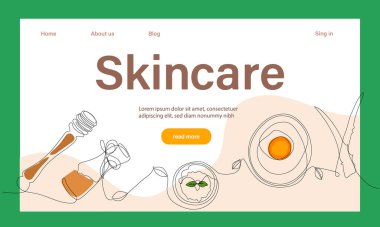 Deri bakımı konsepti. İniş sayfası şablonu. Sabah rutini. Banyo zamanı. Doğal bitkisel cilt bakım ürünleri ve vücut bakımı için organik ürünler, üst görünüm. Vektör illüstrasyonu
