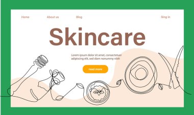Deri bakımı konsepti. İniş sayfası şablonu. Sabah rutini. Banyo zamanı. Doğal bitkisel cilt bakım ürünleri ve vücut bakımı için organik ürünler, üst görünüm. Vektör illüstrasyonu