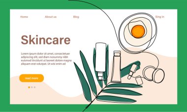 Deri bakımı konsepti. İniş sayfası şablonu. Sabah rutini. Banyo zamanı. Doğal bitkisel cilt bakım ürünleri ve vücut bakımı için organik ürünler, üst görünüm. Vektör illüstrasyonu