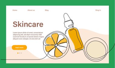 Deri bakımı konsepti. İniş sayfası şablonu. Sabah rutini. Banyo zamanı. Doğal bitkisel cilt bakım ürünleri ve vücut bakımı için organik ürünler, üst görünüm. Vektör illüstrasyonu